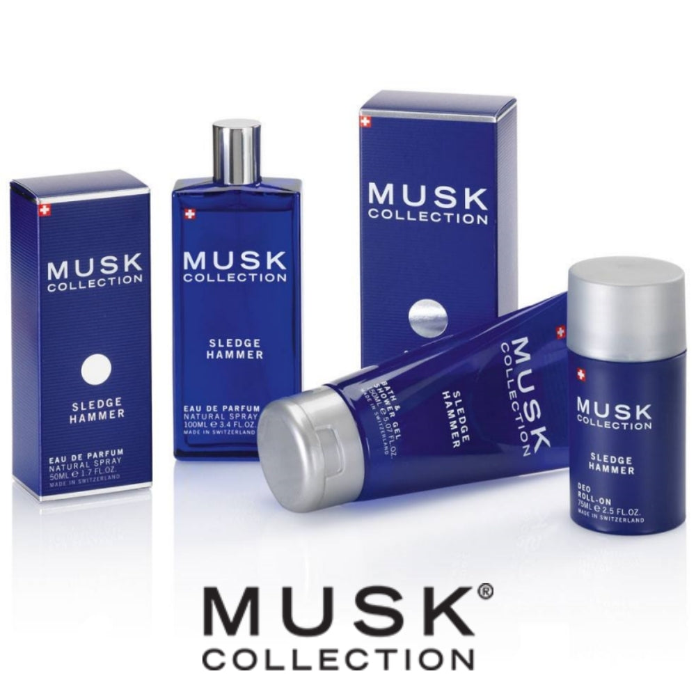 Musk Collection Sledge Hammer Eau de Parfum för män, 100 ml, Långvarig doft med träig och myskig ton, Lämplig för alla tillfällen, Tillverkad i Schweiz, Hög kvalitet, Med plastförsegling