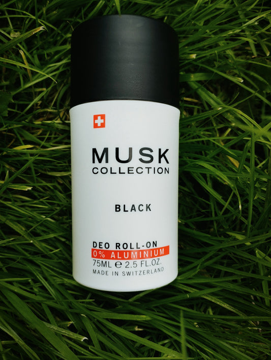 Musk Collection Deodorant Roll-On, 75 ml, Naturlig Deodorant för Kvinnor, Svart Myskdoft, Aluminiumfri, 24-Timmars Skydd, Tillverkad i Schweiz, Hög Kvalitet