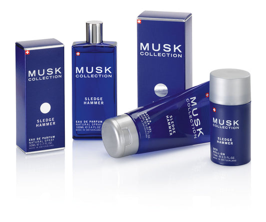Musk Collection Sledge Hammer Eau de Parfum för män, 100 ml, Långvarig doft med träig och myskig ton, Lämplig för alla tillfällen, Tillverkad i Schweiz, Hög kvalitet, Med plastförsegling